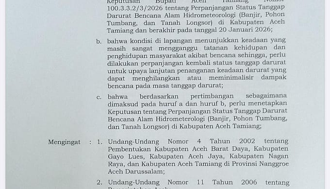 Aceh Tamiang Perpanjang Status Tanggap Darurat Bencana Hidrometeorologi Selama 14 Hari