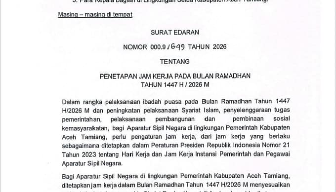 Penyesuaian Jam Kerja ASN Aceh Tamiang Selama Ramadhan 1447 H